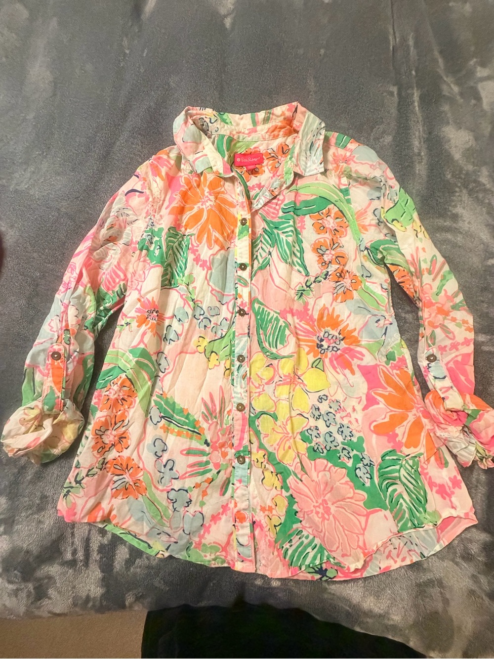Lilly Pulitzer for Target Floral Button-Up Shirt in Pink, Green, Orange, Yellow